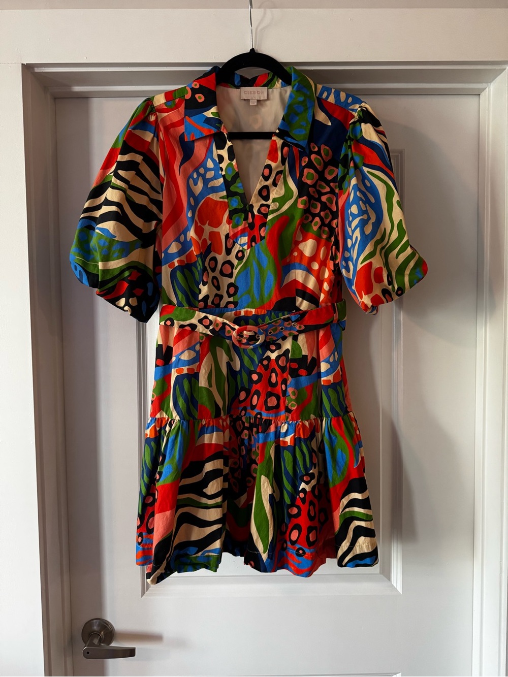 Colorful Abstract Print Belted Mini Dress